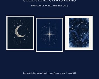 Celestial Christmas Wall Art Set of 3, Navy Blue Silver Moon Star Printable, Modern Winter Constellation Holiday Print Digital Download