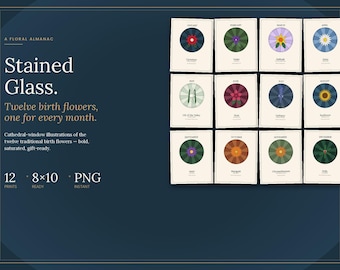 Set van 12 geboortebloemenprint | Gebrandschilderde muurkunst | Bloemencadeau geboortemaand | Januari-december | Afdrukbaar Moederdagcadeau