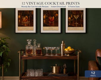 Cocktail Wall Art Set of 12, Vintage Bar Cart Prints with Recipes, Old Fashioned Negroni Martini, Moody Home Bar Decor, Digital Download