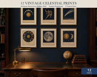 Celestial Wall Art Set of 12, Vintage Astronomy Prints, Moon Phases Constellation Printable, Dark Academia Gallery Wall, Digital Download