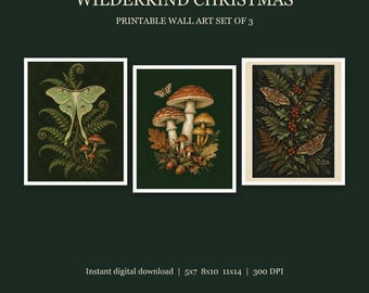 Wilderkind Christmas Wall Art Set of 3, Moth Mushroom Fern Printable, Moody Woodland Holiday Decor, Dark Botanical Xmas Prints
