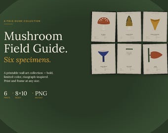 Paddenstoel muurkunst set van 6 prints | Voorbeeldkaarten veldgids | Cottagecore-decor | Afdrukbare botanische risograph | Bosesthetiek