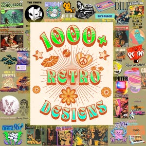 Puede incluir: Un collage de diseños retro con el texto "1000+ Retro Designs" en una fuente vibrante y llamativa. El diseño incorpora varios elementos como estrellas, flores y un signo de la paz, con una estética vintage.
