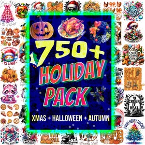 May include: A vibrant graphic featuring a collection of holiday-themed illustrations. The central text reads "750+ HOLIDAY PACK" with "XMAS + HALLOWEEN + AUTUMN" below. The surrounding images include pumpkins, turkeys, and Christmas elements.