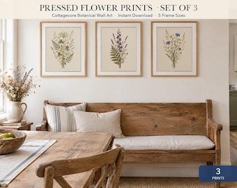 Pressed Flower Wall Art Set of 3, Printable Botanical Prints, Wildflower Cottagecore Decor, Farmhouse Gallery Wall, Digital Download