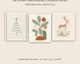 Scandi Minimalist Christmas Wall Art Set of 3, Line Art Tree Reindeer Printable, Neutral Nordic Holiday Decor, Digital Download