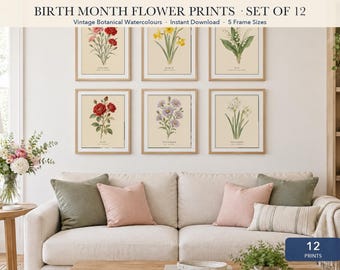 Birth Month Flower Prints Set of 12, Vintage Botanical Watercolor, Birthday Gift for Mom, Family Birth Flower Wall Art, Digital Download
