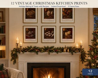 Christmas Kitchen Wall Art Set of 12, Vintage Holiday Baking Prints with Recipes, Gingerbread Hot Cocoa Mulled Wine, Printable Decor