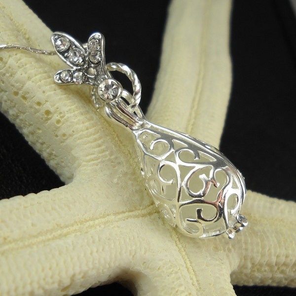 White Sea Glass Filigree Locket Pendant Necklace Rhinestone Bail