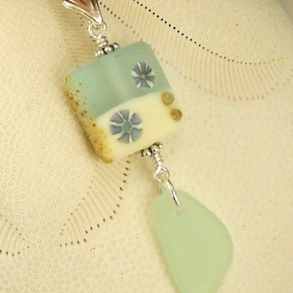 GENUINE Aqua Sea Glass Necklace Lampwork Bead Ocean Jewelry