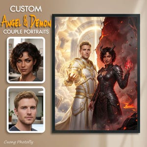 May include: Framed custom artwork featuring an angel and demon couple. The angel is in white and gold armor, while the demon is in black armor with horns. The background shows a celestial and fiery landscape. Text reads "CUSTOM Angel & Demon COUPLE PORTRAITS."