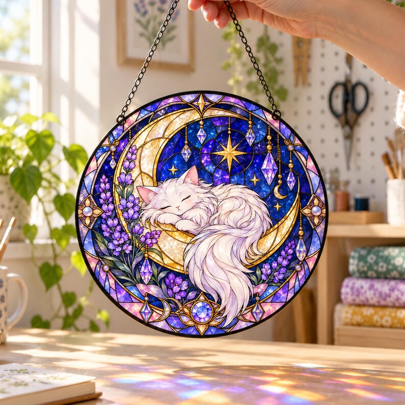 White Cat Moon Stained Glass Suncatcher, Sleeping Cat Window Hanging ...