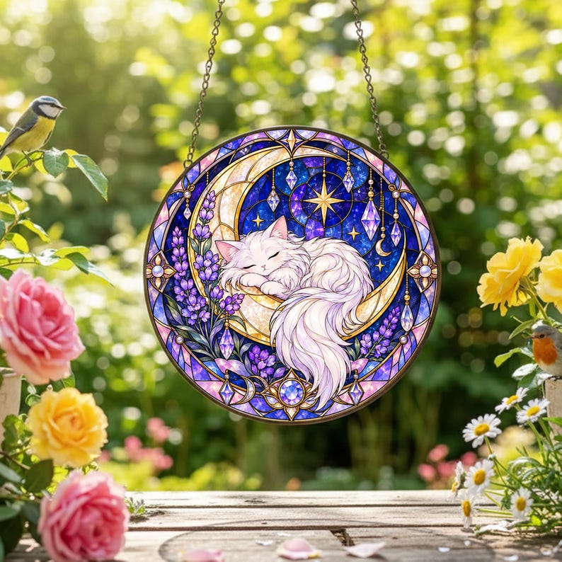 White Cat Moon Stained Glass Suncatcher, Sleeping Cat Window Hanging ...