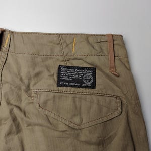 May include: Close-up of khaki-colored pants with a back pocket and a label that reads "EXCLUSIVE VINTAGE MODEL" and "EDWIN COMPANY LIMITED". The pants have visible stitching and a brown belt loop. The date "2026.05.01" is in the bottom right corner.