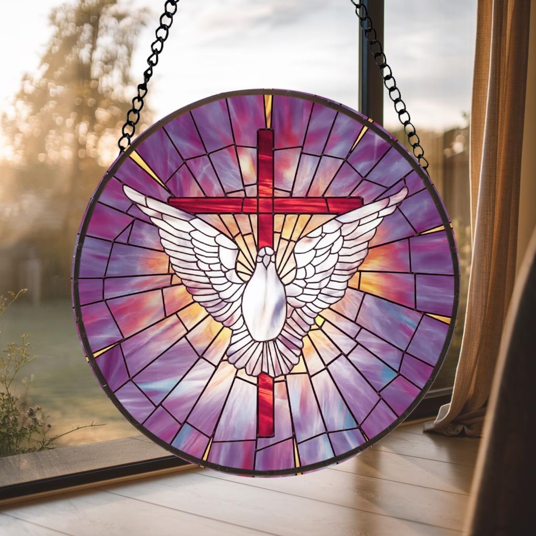 Christian Stained Glass Dove Panel | Holy Spirit and Cross Round ...