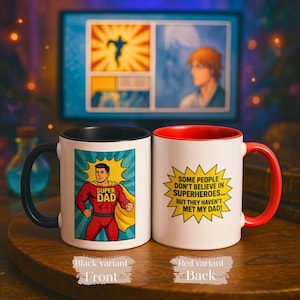 Super Dad Mug Set, Comic Style Fathers Day Gift, Hero Dad Coffee Cup Duo, Funny Gift for Dad 11oz