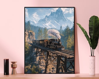 May include: A vintage steam train travels through a mountain valley. The train is crossing a wooden trestle bridge. The mountains are snow-capped and the sky is blue.