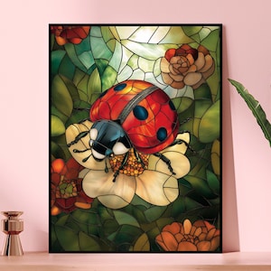 May include: A stained glass style image of a ladybug on a white flower with green leaves and red flowers in the background.