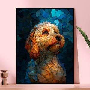 May include: A framed art print featuring a dog portrait in a stained-glass style. The dog has a light brown and orange coat with a dark blue background. The artwork is displayed on a pink wall.