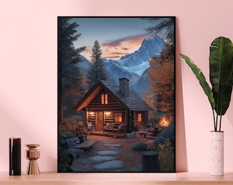 May include: A cozy wooden cabin with a warm glow from the windows, nestled in a forest setting with snow-capped mountains in the background.