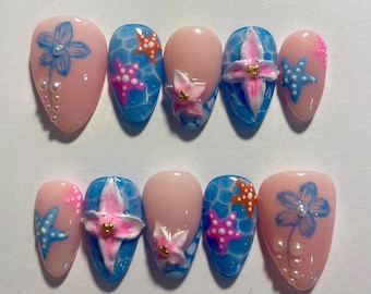 Blue water summer 3D flower pink starfish  handmade almond press on nails (customized sizing!)