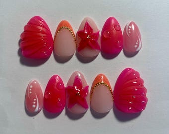 Vibrant pink and orange summery 3D flower xs almond handmade press on nails (customized sizing!)