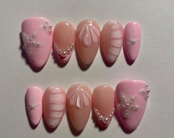 Baby pink 3D shell pearl charm short almond press on nails (customized sizing!)