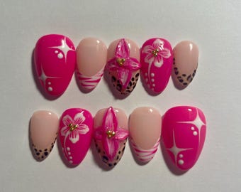 Pink 3D flower animal print artistic short almond handmade press on nails (customized sizing!)