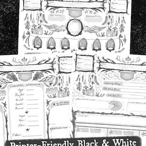 Puede incluir: Hoja de personaje imprimible en blanco y negro para un juego de rol de mesa. La hoja presenta un tema de bosque caprichoso con ranas, estrellas y ramas. Incluye secciones para la apariencia del personaje, habilidades y hechizos.