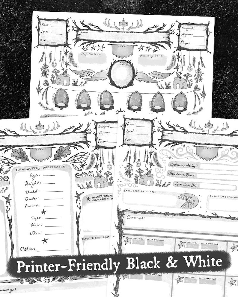 Puede incluir: Hoja de personaje imprimible en blanco y negro para un juego de rol de mesa. La hoja presenta un tema de bosque caprichoso con ranas, estrellas y ramas. Incluye secciones para la apariencia del personaje, habilidades y hechizos.