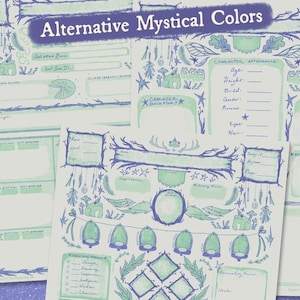 Puede incluir: Una hoja de personaje imprimible para juegos de rol con un tema de bosque caprichoso. La hoja presenta un esquema de color verde claro y morado con ilustraciones de ranas, hojas y estrellas. El texto "Alternative Mystical Colors" est&aacute; en la parte superior de la hoja.