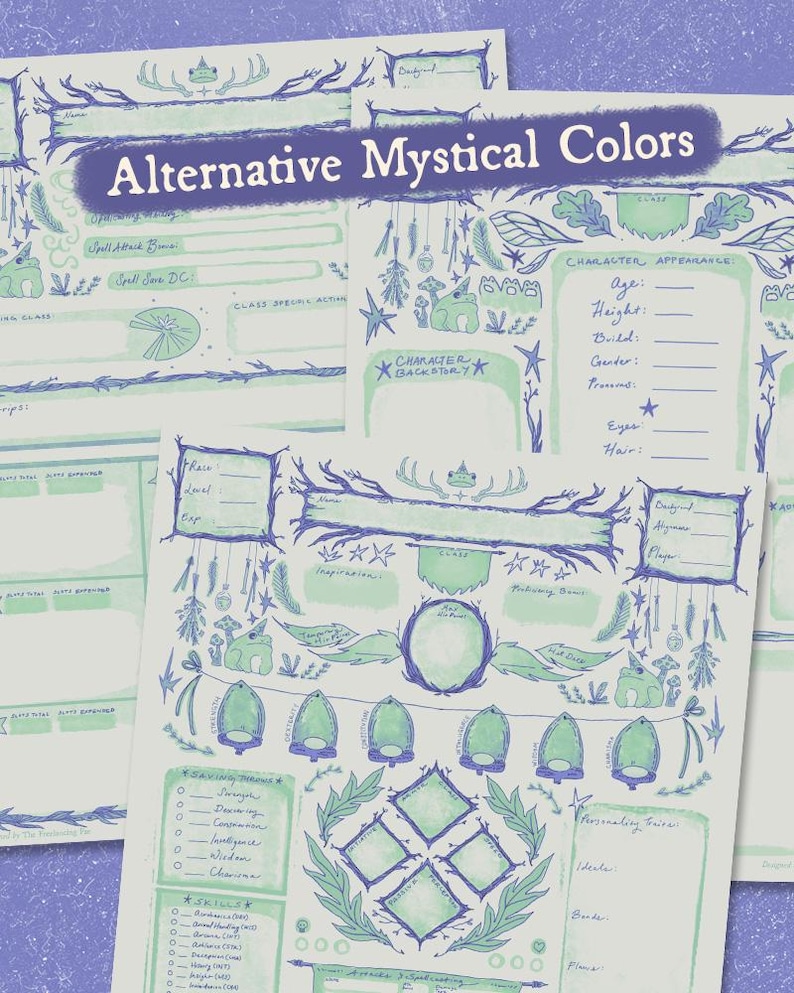 Puede incluir: Una hoja de personaje imprimible para juegos de rol con un tema de bosque caprichoso. La hoja presenta un esquema de color verde claro y morado con ilustraciones de ranas, hojas y estrellas. El texto "Alternative Mystical Colors" est&aacute; en la parte superior de la hoja.
