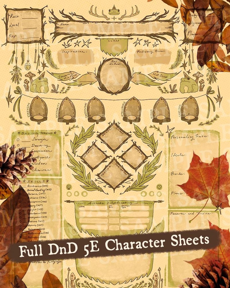 Puede incluir: Una hoja de personaje de Dungeons and Dragons imprimible con un tema de bosque. La hoja est&aacute; decorada con hojas, bellotas y setas. El texto "Full DnD 5E Character Sheets" est&aacute; impreso en la parte inferior de la hoja.