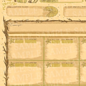 Puede incluir: Una hoja de personaje de Dungeons and Dragons imprimible con una ilustraci&oacute;n de rana verde y un borde marr&oacute;n y frondoso. La hoja incluye secciones para la clase de lanzamiento de conjuros, conjuros menores, bonificaci&oacute;n de ataque de conjuro, CD de salvaci&oacute;n de conjuro y acciones espec&iacute;ficas de clase.
