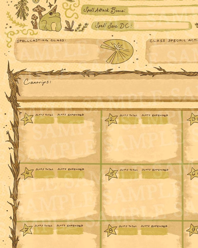 Puede incluir: Una hoja de personaje de Dungeons and Dragons imprimible con una ilustraci&oacute;n de rana verde y un borde marr&oacute;n y frondoso. La hoja incluye secciones para la clase de lanzamiento de conjuros, conjuros menores, bonificaci&oacute;n de ataque de conjuro, CD de salvaci&oacute;n de conjuro y acciones espec&iacute;ficas de clase.