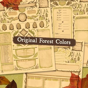 Puede incluir: Hoja de personaje imprimible para juegos de rol con tem&aacute;tica de bosque. La hoja presenta un esquema de color marr&oacute;n y verde con ilustraciones de hojas, ramas y otros elementos del bosque. El texto "Original Forest Colors" est&aacute; impreso en una fuente grande en la parte superior de la hoja.