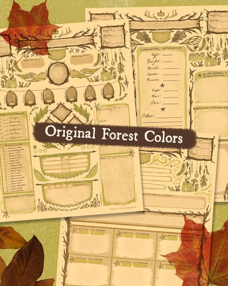 Puede incluir: Hoja de personaje imprimible para juegos de rol con tem&aacute;tica de bosque. La hoja presenta un esquema de color marr&oacute;n y verde con ilustraciones de hojas, ramas y otros elementos del bosque. El texto "Original Forest Colors" est&aacute; impreso en una fuente grande en la parte superior de la hoja.