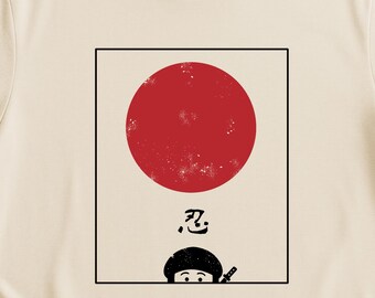 Minimalist Ninja Tee, Japanese Red Sun Tee, Ninja Kanji Shirt, Peeking Ninja Shirt, Vintage Graphic Japan Lover Gift, Martial Arts Apparel