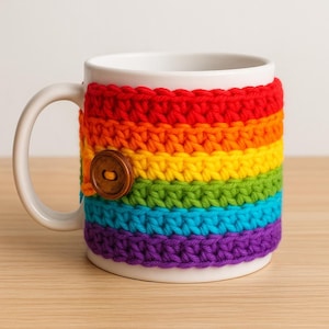 May include: A white ceramic mug with a rainbow crochet sleeve. The sleeve is made of red, orange, yellow, green, blue, and purple yarn. A brown button fastens the sleeve. The mug sits on a light brown surface.