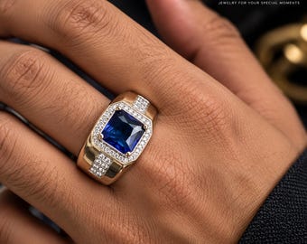 メンズ ブルージェムストーン ハローリング、ゴールドトーン ステートメントバンド、大胆な高級ギフト