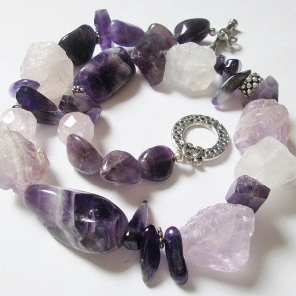 Natural Rough Crystalline Amethyst and Clear Quartz and Amethyst Necklace, Handmade jewelry, Handmade Necklace