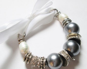 Cinderella Bracelet, Pearl with Silver, Rhinestones and Freshwater Pearls, Handmade Bracelet, Handmade Jewelry