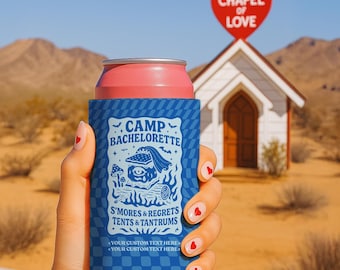 Camp Bachelorette Can Cooler: Custom Blue Slim Koozie Party Favor