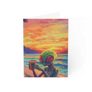 Carte de voeux extraterrestre coucher de soleil, ensemble de papeterie intergalactique amusant, cartes d'anniversaire uniques, cartes d'art de science-fiction, salutations de l'espace