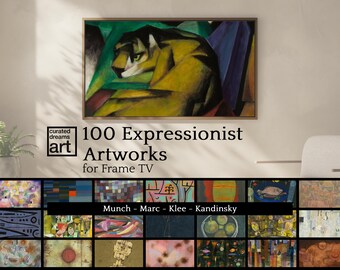 Pode incluir: Uma colagem de 100 obras expressionistas, com uma pintura de um tigre em tons de verde, amarelo e roxo. O texto "100 obras expressionistas para Frame TV" é exibido abaixo da imagem. Os nomes "Munch - Marc - Klee - Kandinsky" são listados abaixo da colagem.