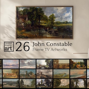 May include: A framed landscape painting by John Constable, displayed on a wall. The artwork depicts a river scene with a house, trees, and a cloudy sky. Below the painting are 26 smaller landscape artworks. The text "John Constable Frame TV Artworks" is visible.