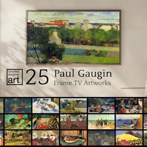 Può includere: Un'opera d'arte incorniciata con un dipinto di paesaggio di Paul Gauguin, con una collezione di 25 opere d'arte per TV. Il dipinto principale raffigura una scena con edifici, alberi e un campo. Il testo "curated dreams art" e "25 Paul Gauguin Frame TV Artworks" sono visibili.