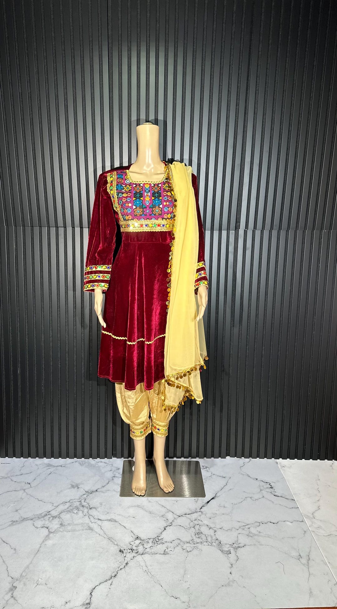open lace back dress Ruby Red Velvet Afghan Dress – Arsh Fashion main image 0