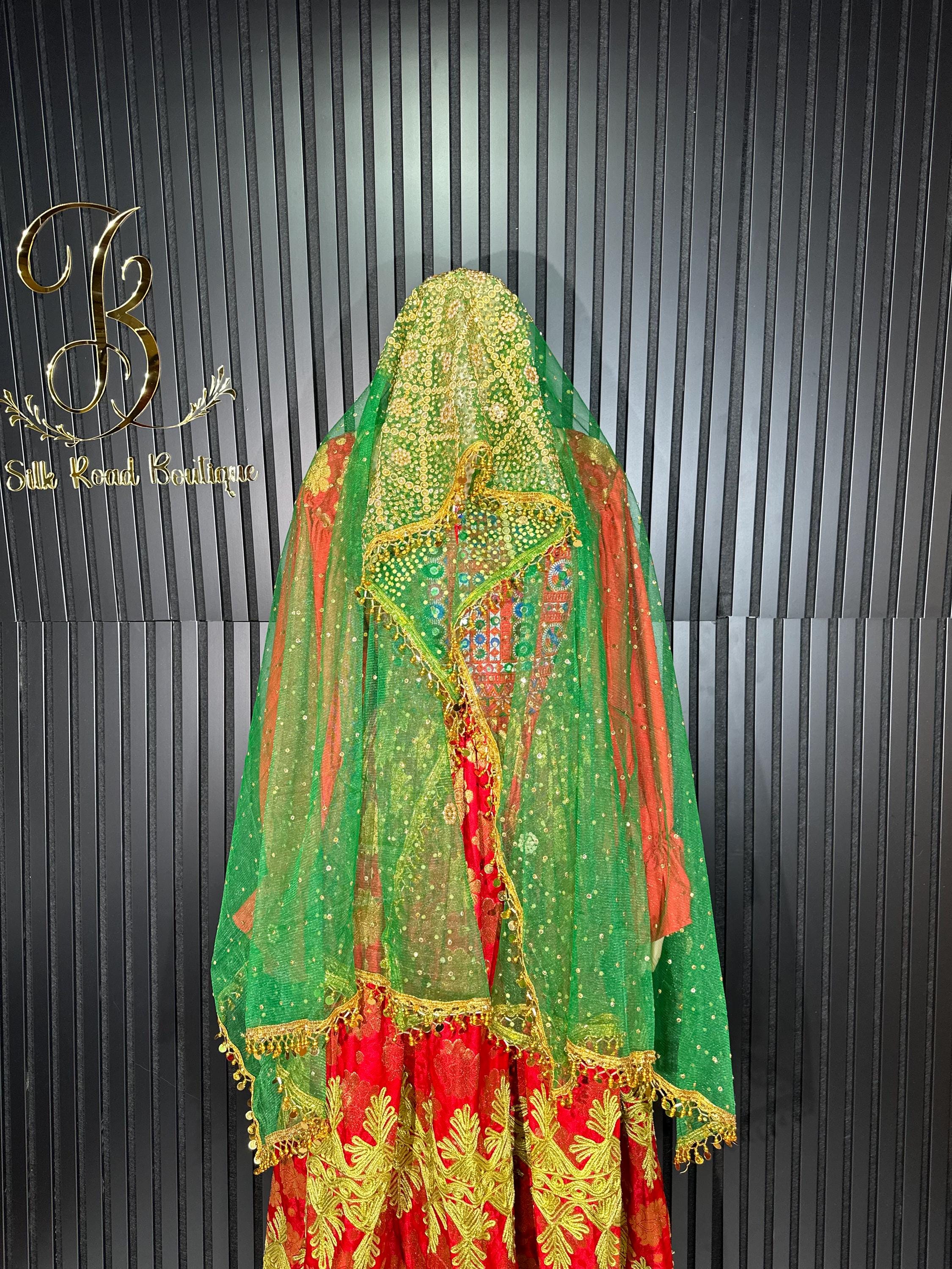 Afghani Nikah Shawl Wedding Green Scarf for Bride Golden