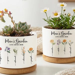 Mom's Garden Ceramic Flower Pot, Birth Flower Planter for Mom, Mother's Day Gift, Small Succulent Pot, Personalized Plant Pot Decor Indoor